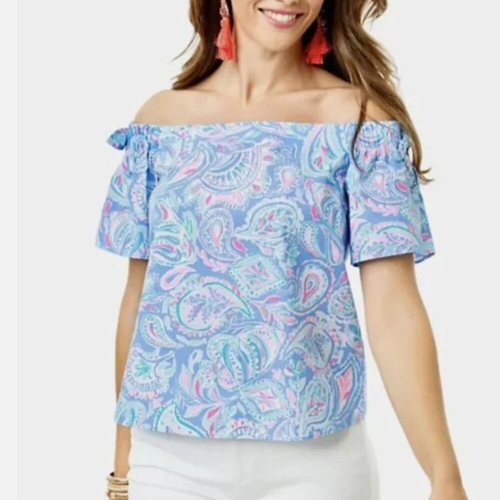 NWT Lilly Pulitzer Size L Tamara Top Off The Shoulder Zanzibar Blue Cotton--$108